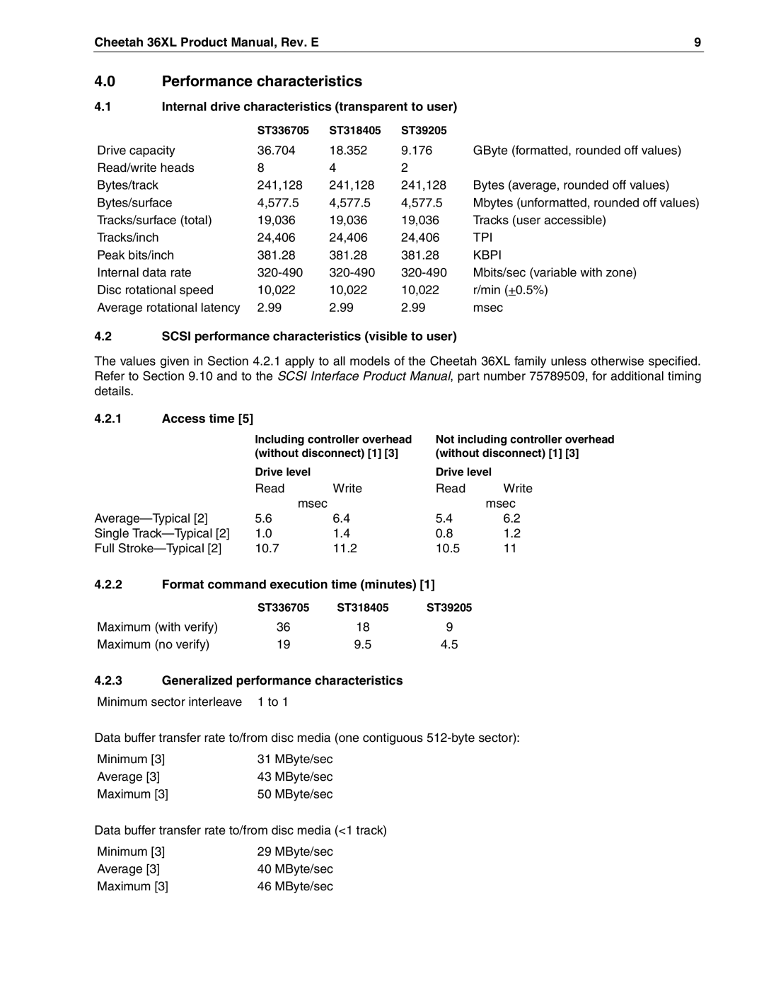 Seagate ST39205LW/LC, ST318405LW/LC, ST336705LW/LC manual Performance characteristics 