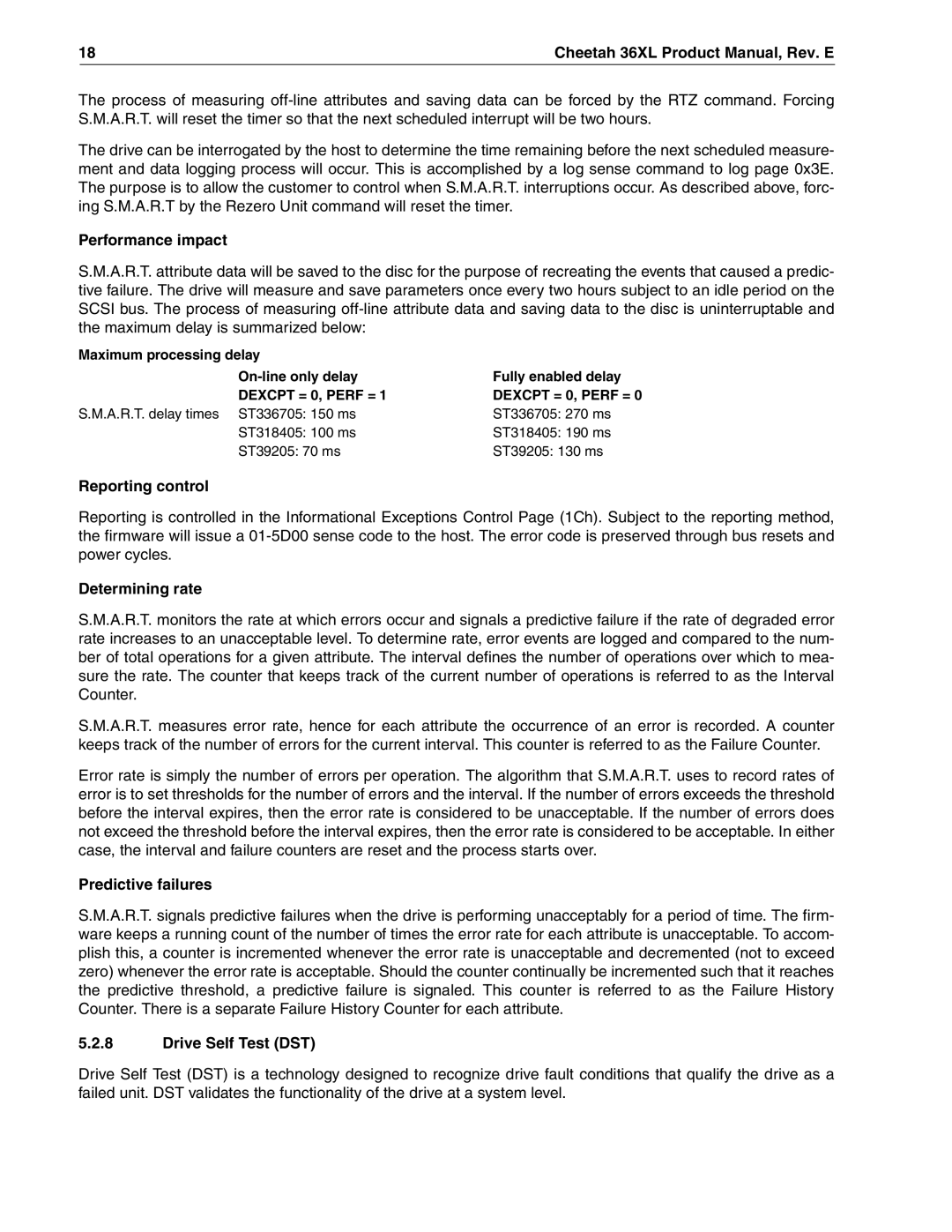 Seagate ST39205LW/LC Performance impact, Reporting control, Determining rate, Predictive failures, Drive Self Test DST 