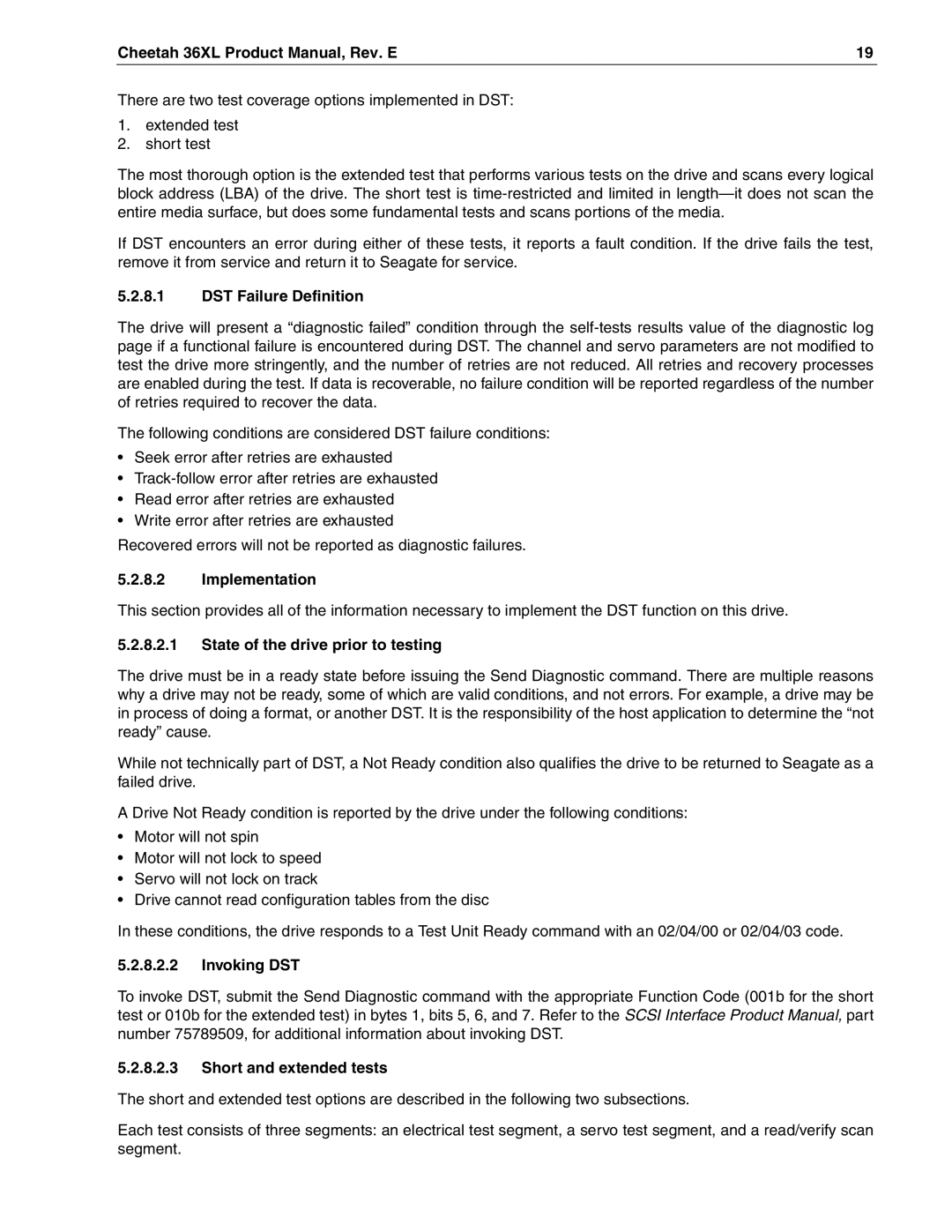 Seagate ST336705LW/LC manual DST Failure Definition, Implementation, State of the drive prior to testing, Invoking DST 