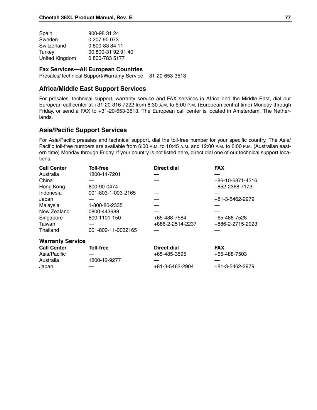 Seagate ST318405LW/LC, ST39205LW/LC, ST336705LW/LC manual Africa/Middle East Support Services, Asia/Pacific Support Services 