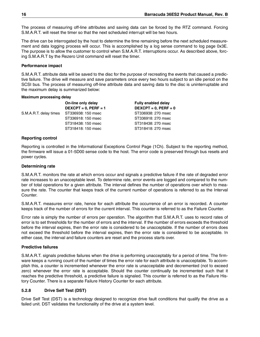 Seagate ST336938LW manual Performance impact, Reporting control, Determining rate, Predictive failures, Drive Self Test DST 