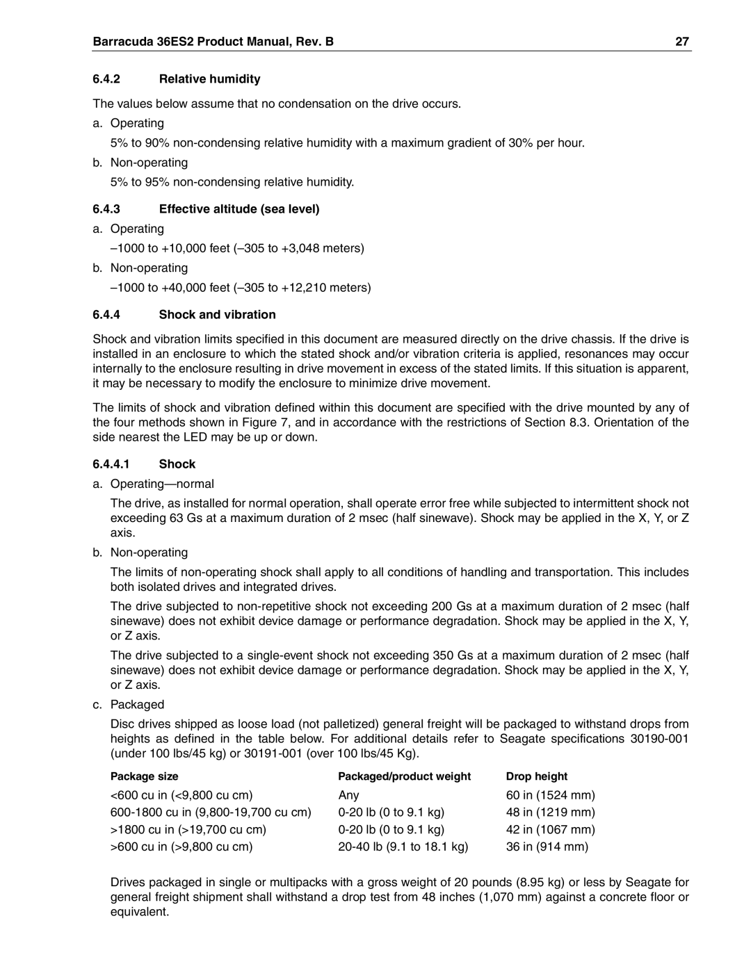 Seagate ST318438LW manual Barracuda 36ES2 Product Manual, Rev. B Relative humidity, Effective altitude sea level, Shock 