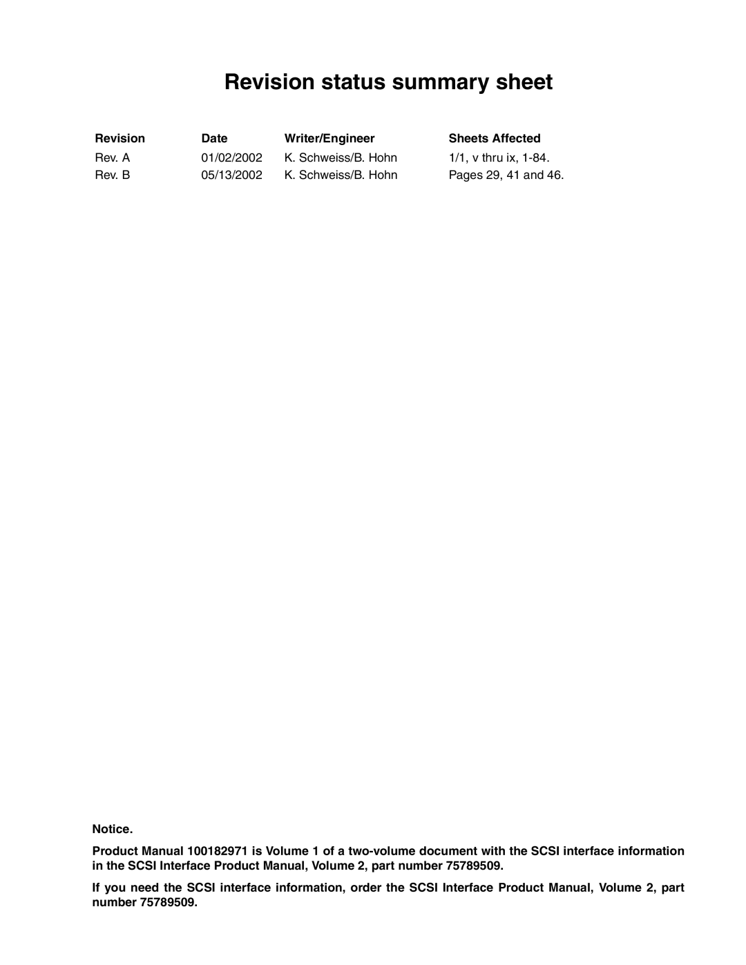 Seagate ST318438LW, ST318418N, ST336938LW manual Revision status summary sheet, Revision Date Writer/Engineer Sheets Affected 