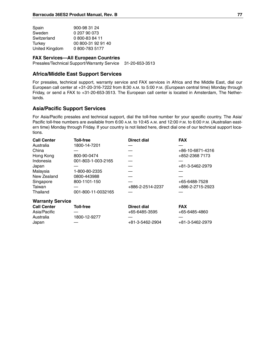 Seagate ST336918N Africa/Middle East Support Services, Asia/Pacific Support Services, Call Center Toll-free Direct dial 