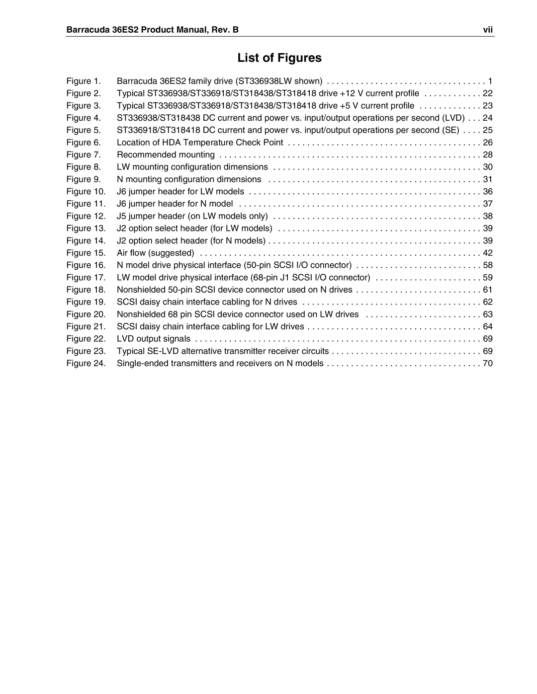 Seagate ST318438LW, ST318418N, ST336938LW, ST336918N manual List of Figures, Barracuda 36ES2 Product Manual, Rev. B Vii 