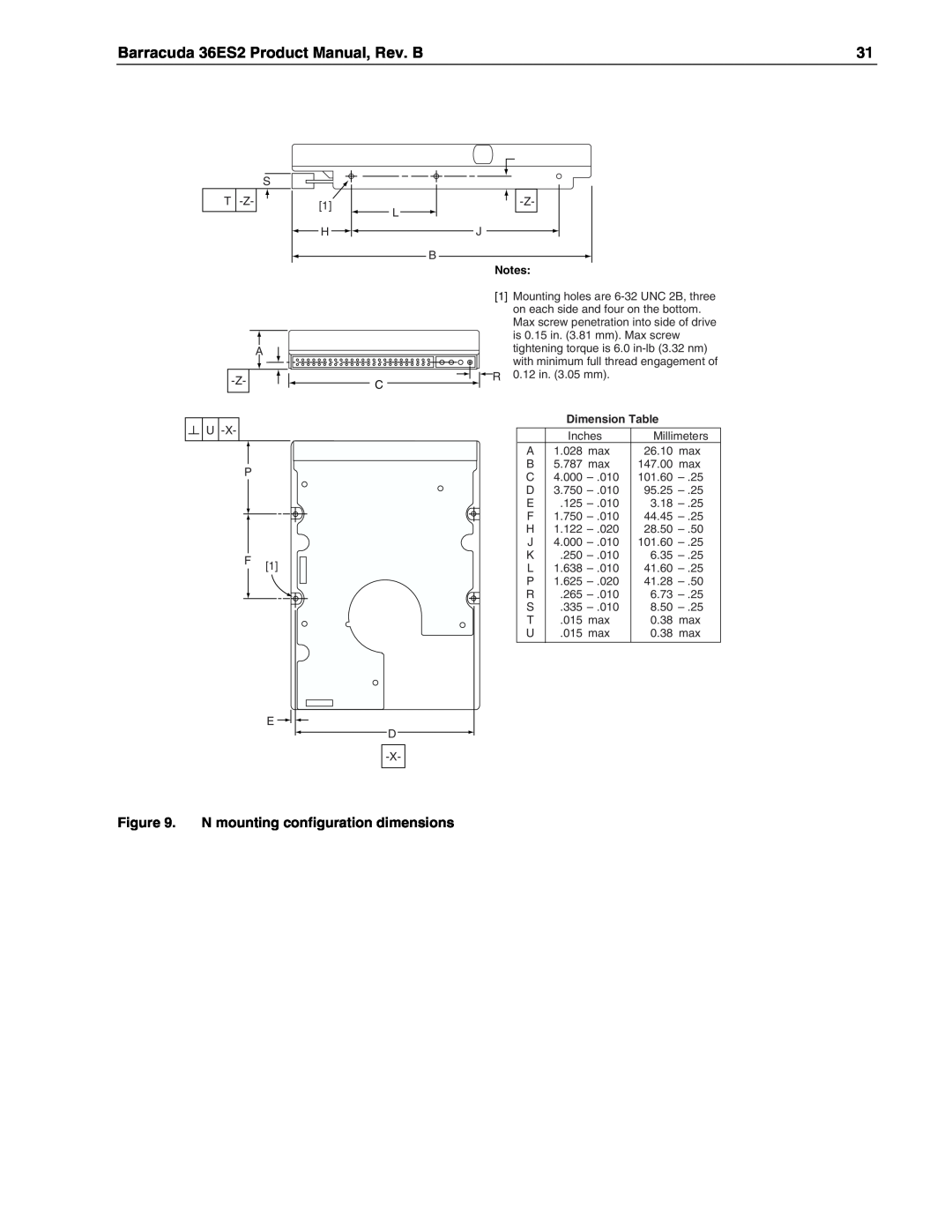 Seagate ST318438LW, ST318418N Barracuda 36ES2 Product Manual, Rev. B, N mounting configuration dimensions, Dimension Table 
