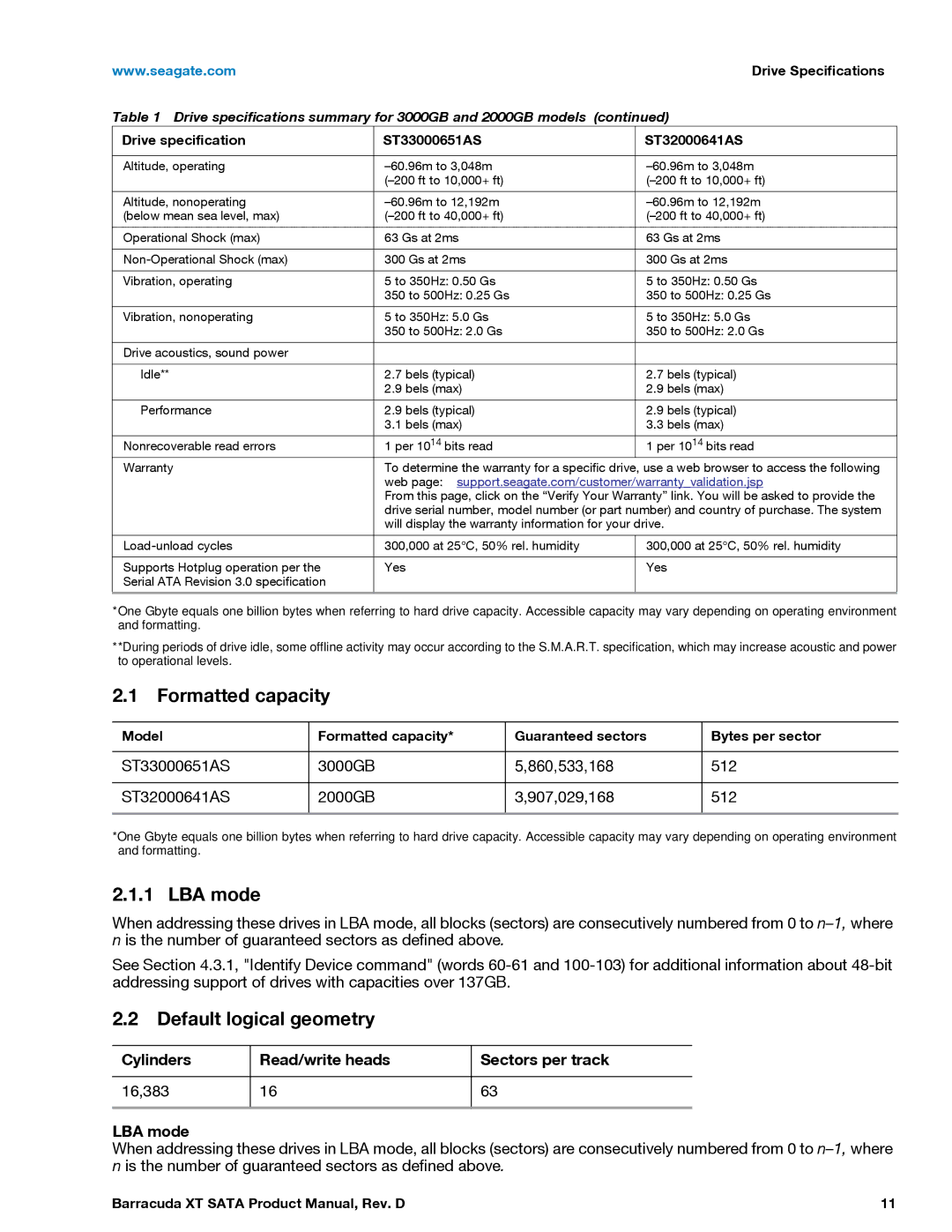 Seagate ST33000651AS, ST32000641AS manual Formatted capacity, LBA mode, Default logical geometry 