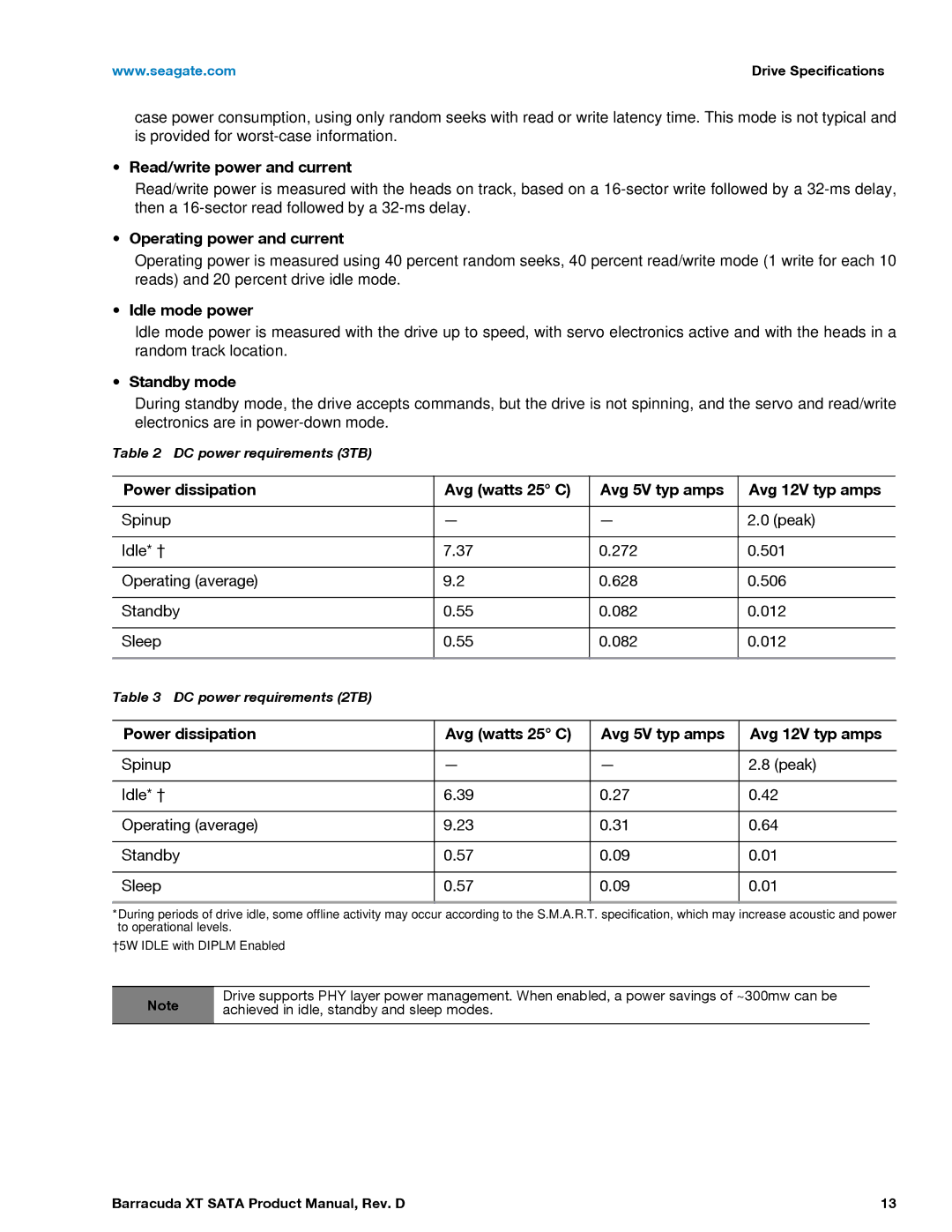 Seagate ST33000651AS manual Read/write power and current, Operating power and current, Idle mode power, Standby mode 