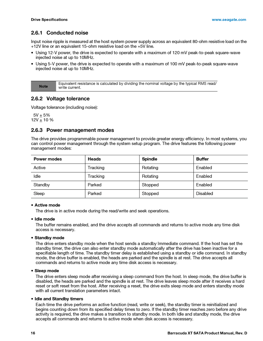 Seagate ST32000641AS, ST33000651AS manual Conducted noise, Voltage tolerance, Power management modes 