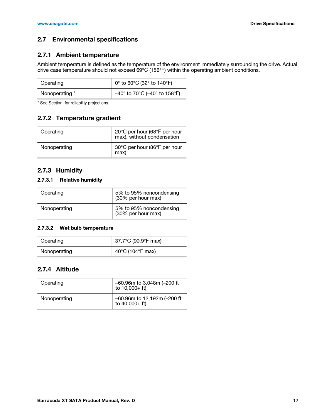 Seagate ST33000651AS manual Environmental specifications Ambient temperature, Temperature gradient, Humidity, Altitude 