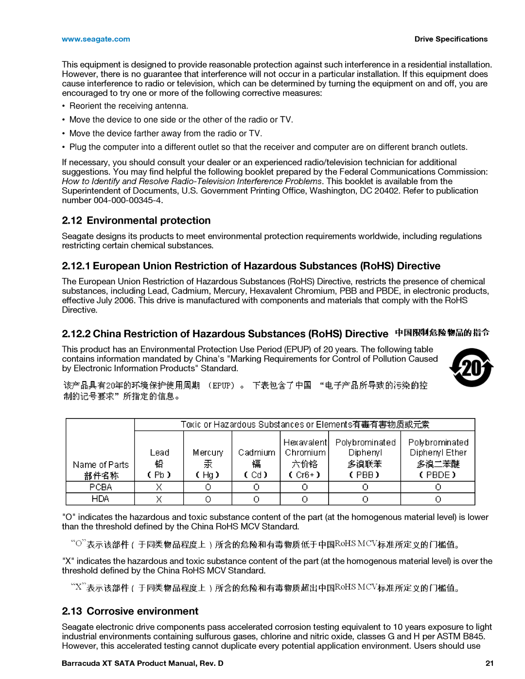 Seagate ST33000651AS, ST32000641AS manual Environmental protection, China Restriction of Hazardous Substances RoHS Directive 