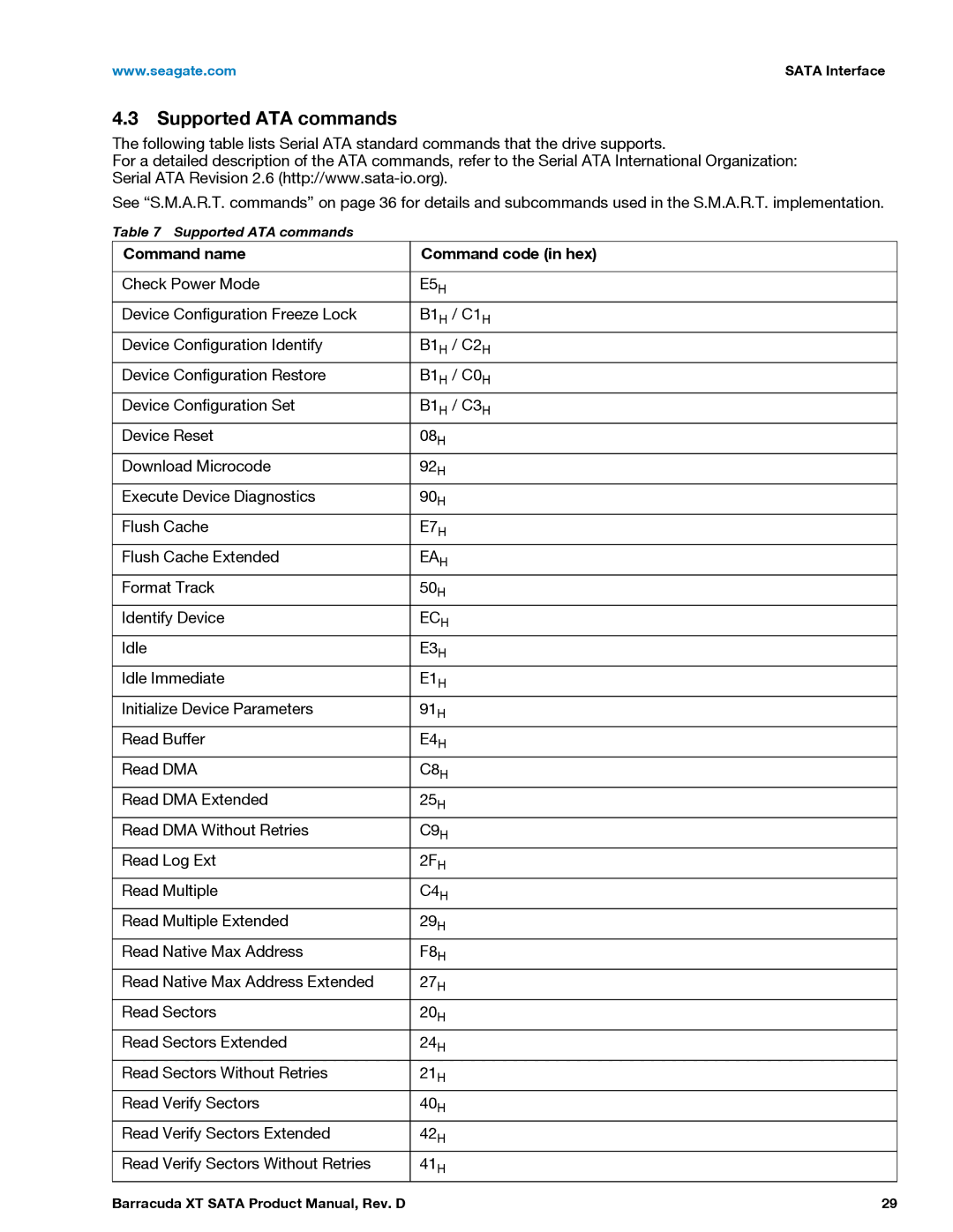 Seagate ST33000651AS, ST32000641AS manual Supported ATA commands, Command name Command code in hex 