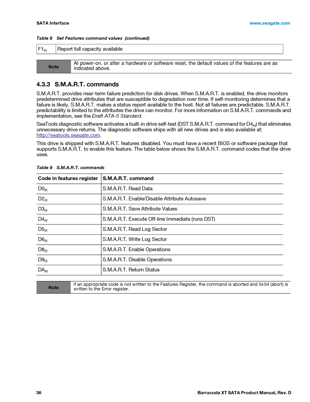 Seagate ST32000641AS, ST33000651AS manual 3 S.M.A.R.T. commands, Code in features register A.R.T. command 