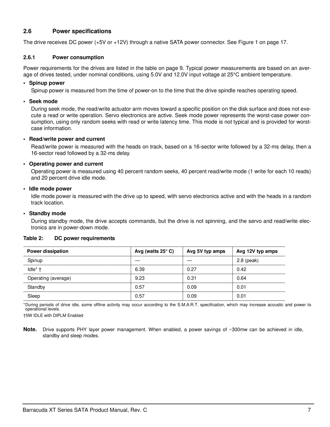 Seagate ST32000641AS manual Power specifications 