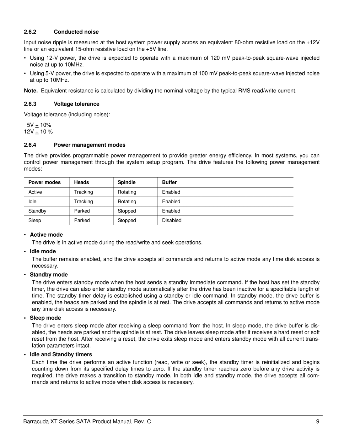 Seagate ST32000641AS manual Conducted noise, Voltage tolerance, Power management modes, Active mode, Idle mode, Sleep mode 