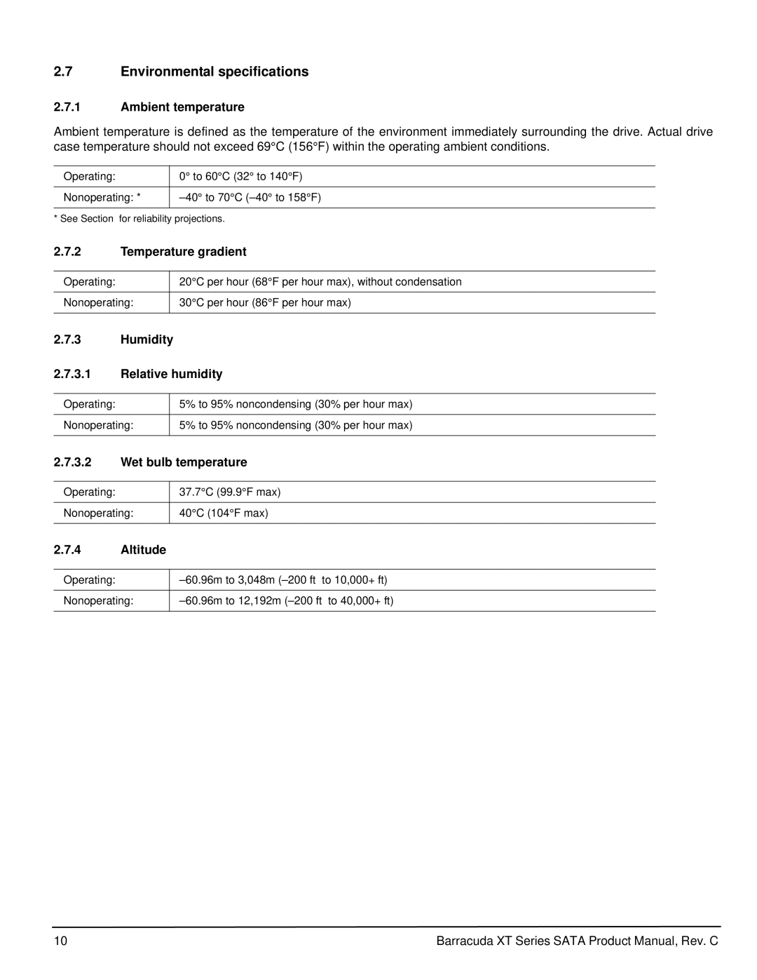 Seagate ST32000641AS manual Environmental specifications 