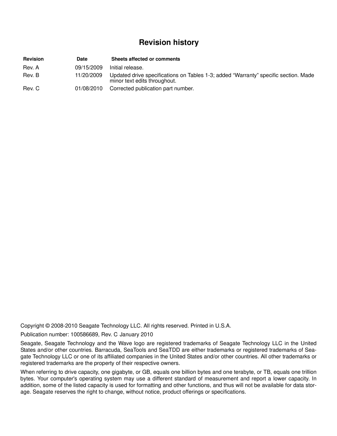 Seagate ST32000641AS manual Revision history, Revision Date Sheets affected or comments 