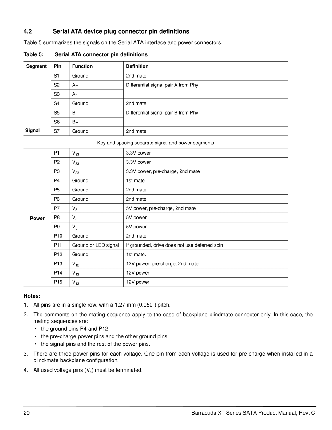 Seagate ST32000641AS manual Serial ATA device plug connector pin definitions, Serial ATA connector pin definitions, Signal 