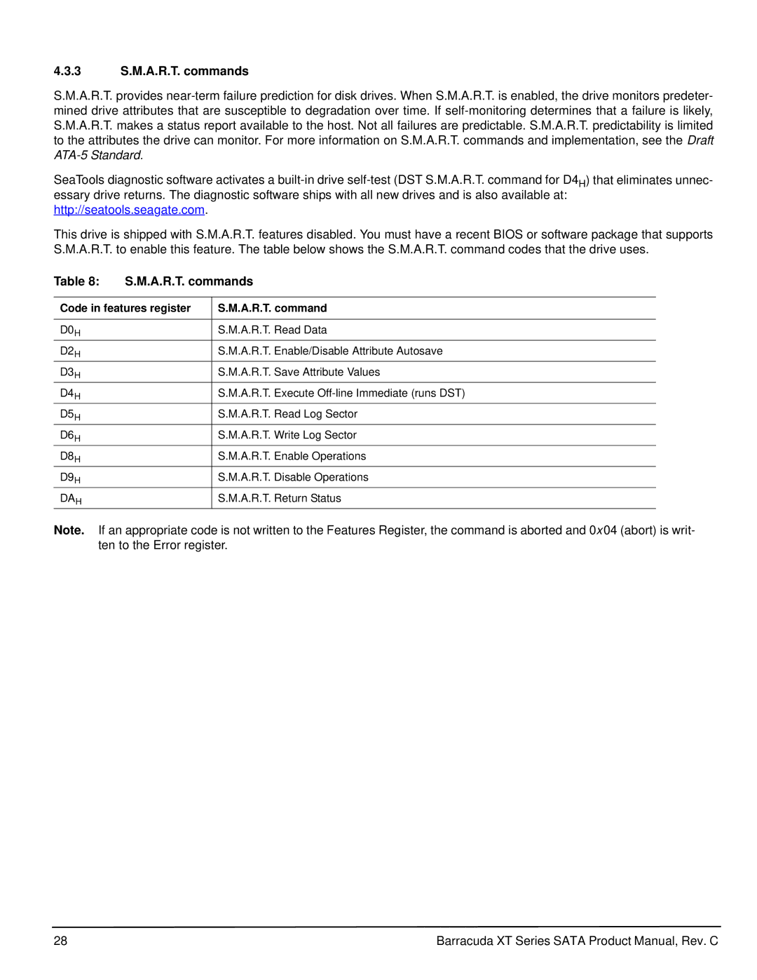 Seagate ST32000641AS manual 3 S.M.A.R.T. commands, Code in features register A.R.T. command 