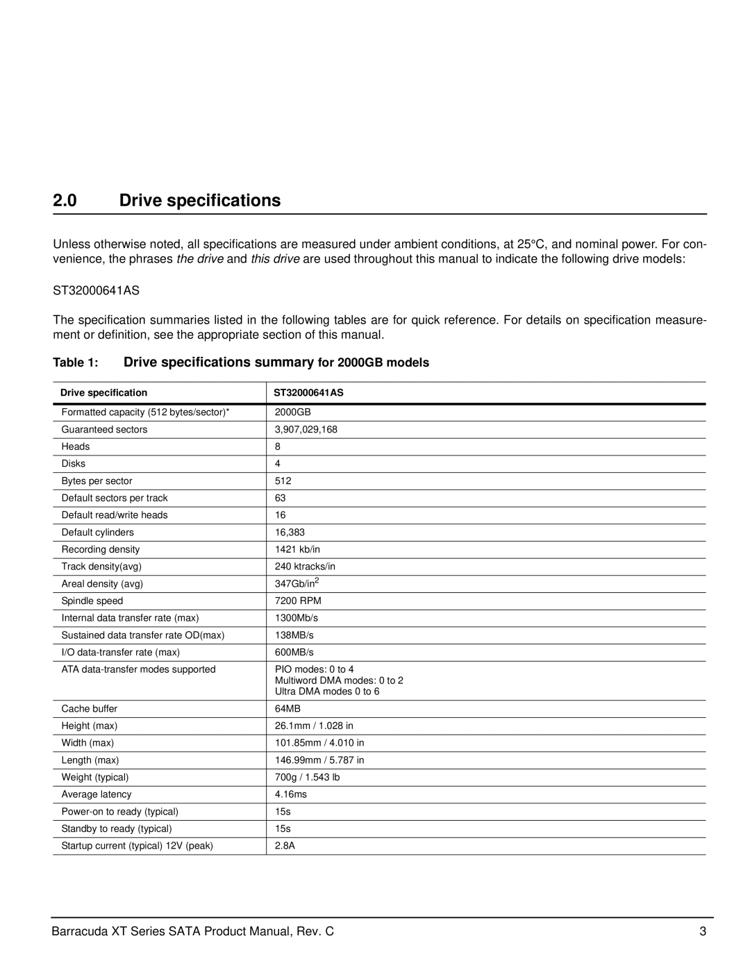 Seagate ST32000641AS manual Drive specifications summary for 2000GB models 