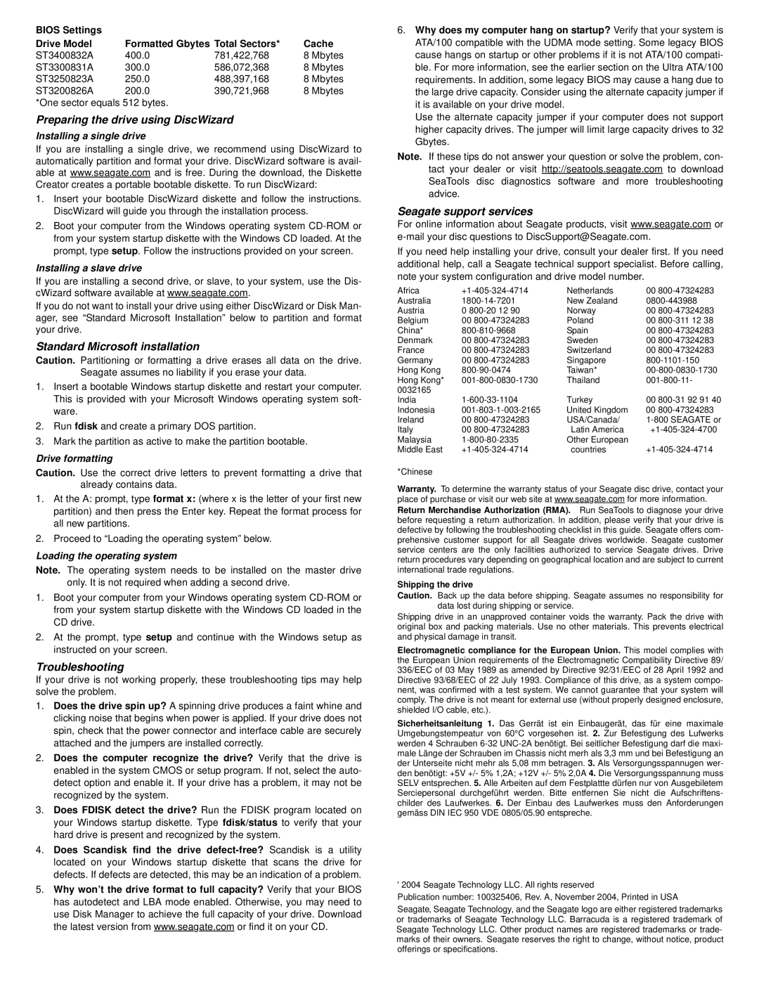 Seagate ST3300831A, ST3200826A Preparing the drive using DiscWizard, Standard Microsoft installation, Troubleshooting 