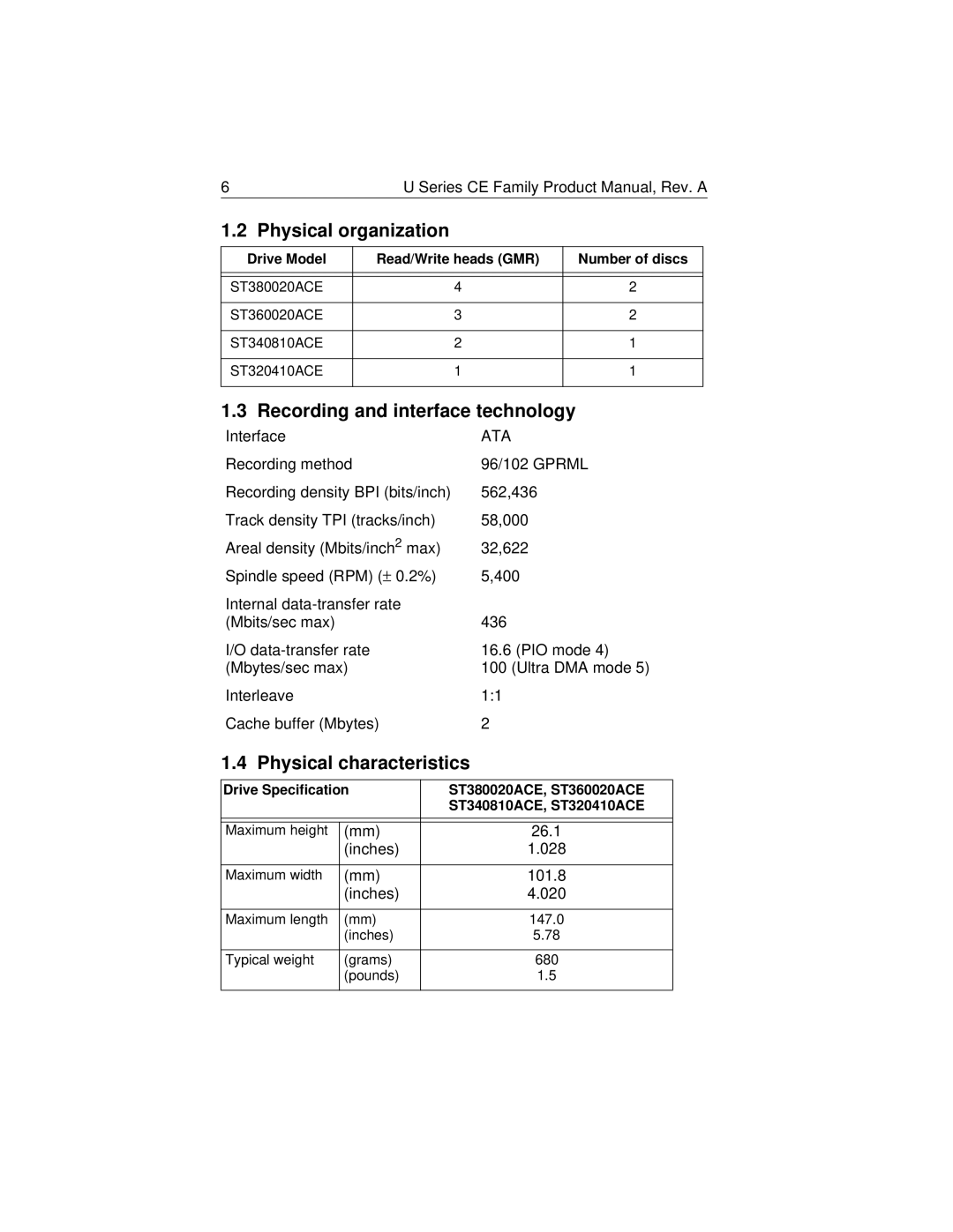 Seagate ST340810ACE, ST320410ACE manual Physical organization, Recording and interface technology, Physical characteristics 