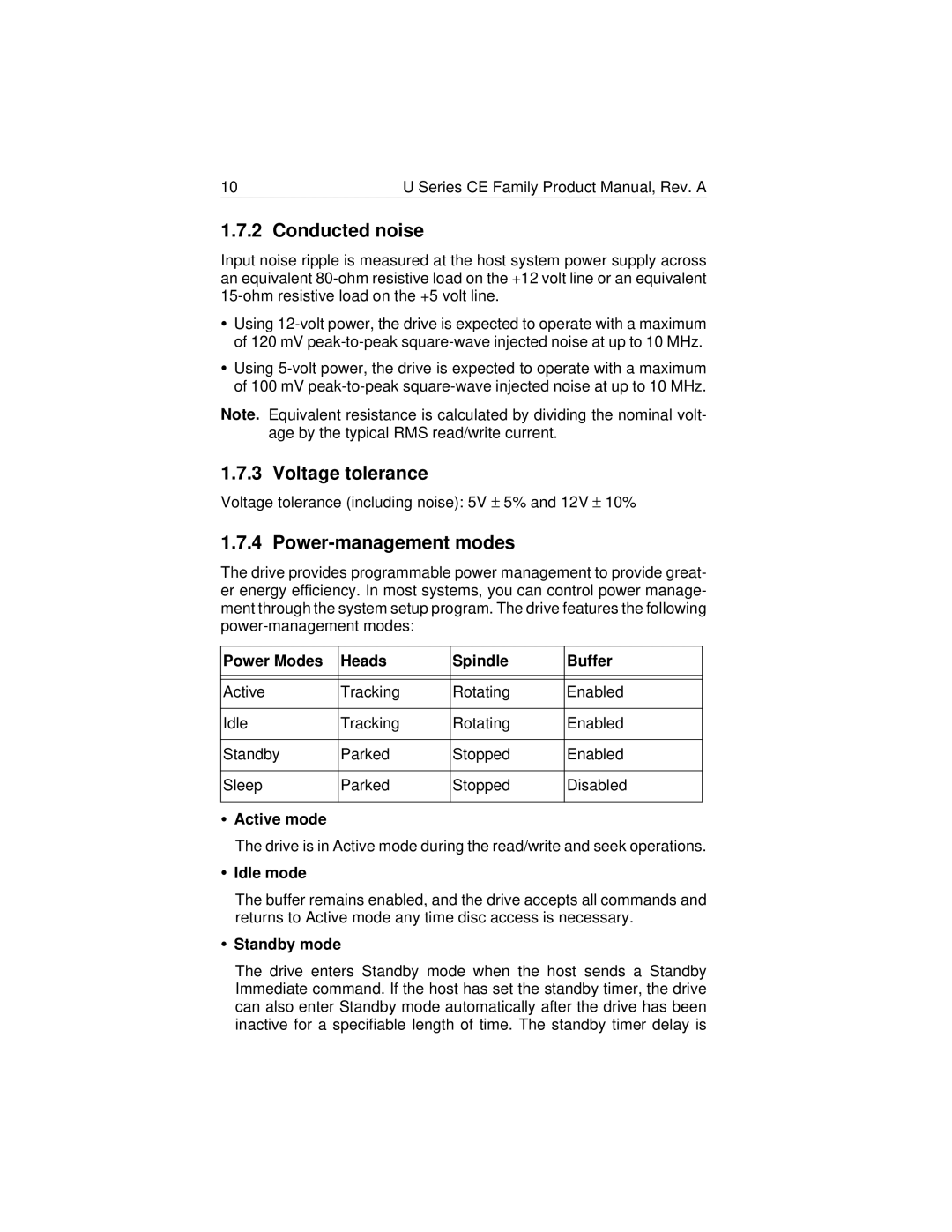 Seagate ST340810ACE, ST320410ACE, ST380020ACE, ST360020ACE manual Conducted noise, Voltage tolerance, Power-management modes 