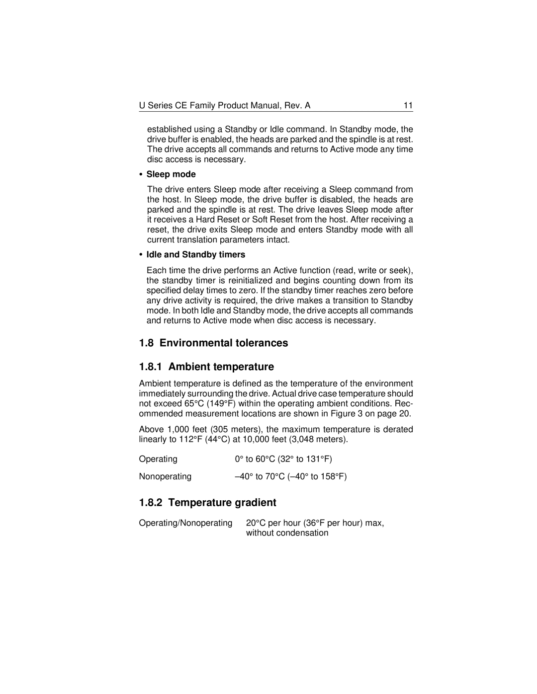 Seagate ST360020ACE, ST320410ACE manual Environmental tolerances Ambient temperature, Temperature gradient, Sleep mode 