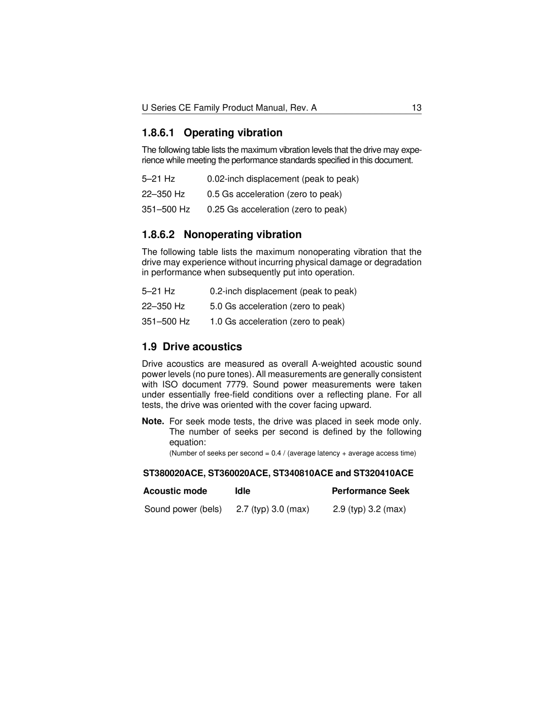 Seagate ST380020ACE, ST320410ACE, ST340810ACE, ST360020ACE manual Operating vibration, Nonoperating vibration, Drive acoustics 