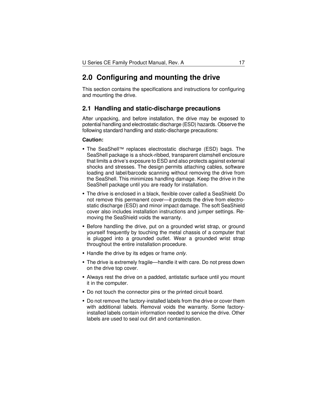 Seagate ST380020ACE, ST320410ACE, ST340810ACE Configuring and mounting the drive, Handling and static-discharge precautions 