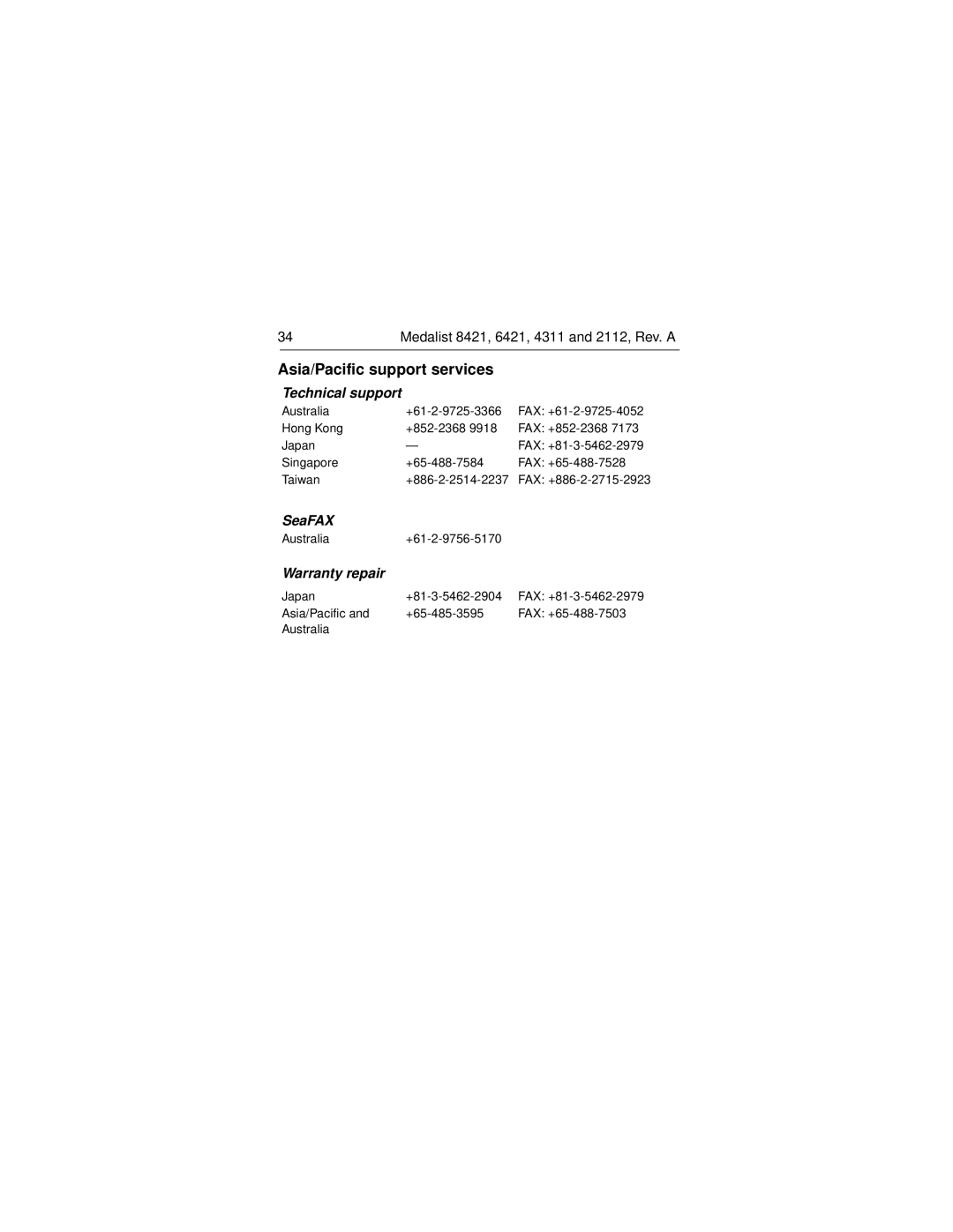 Seagate ST36421A, ST32112A, ST38421A, ST34311A manual Asia/Pacific support services, SeaFAX 