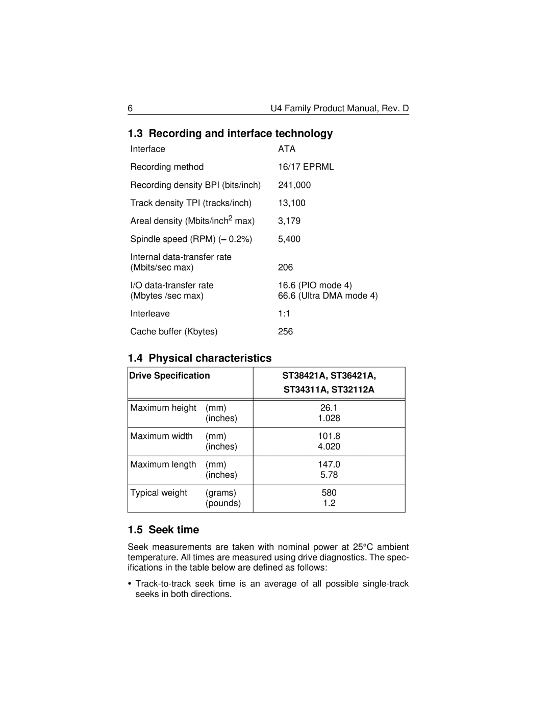 Seagate ST36421A, ST32112A, ST38421A, ST34311A manual Recording and interface technology, Physical characteristics, Seek time 