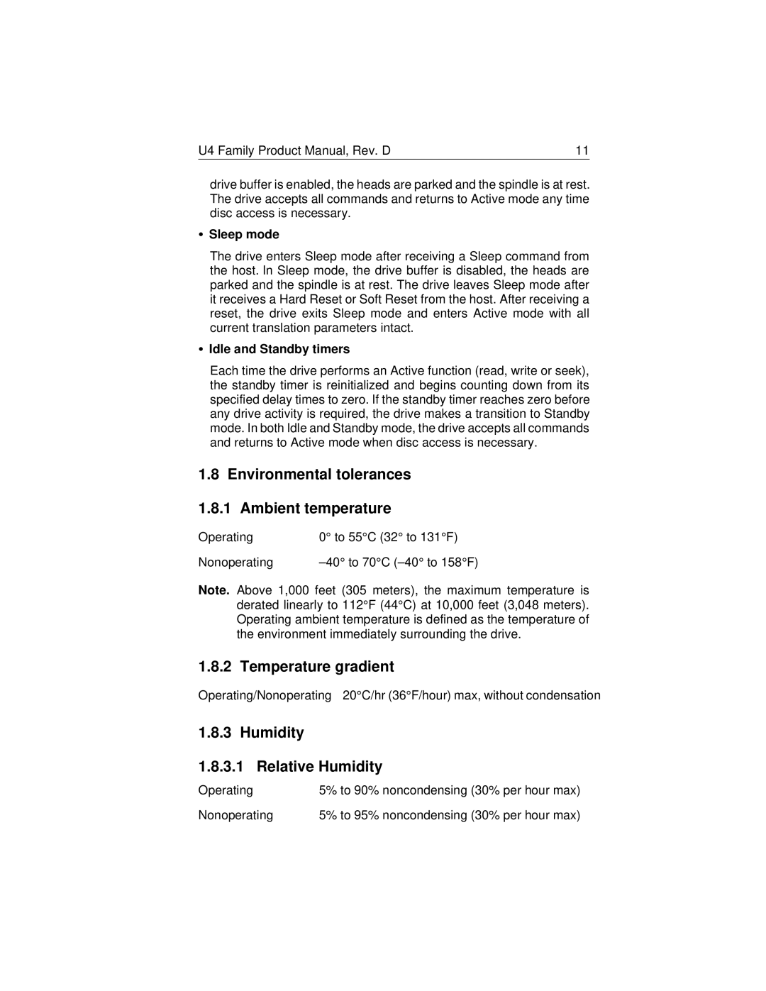 Seagate ST34311A, ST32112A manual Environmental tolerances Ambient temperature, Temperature gradient, Relative Humidity 