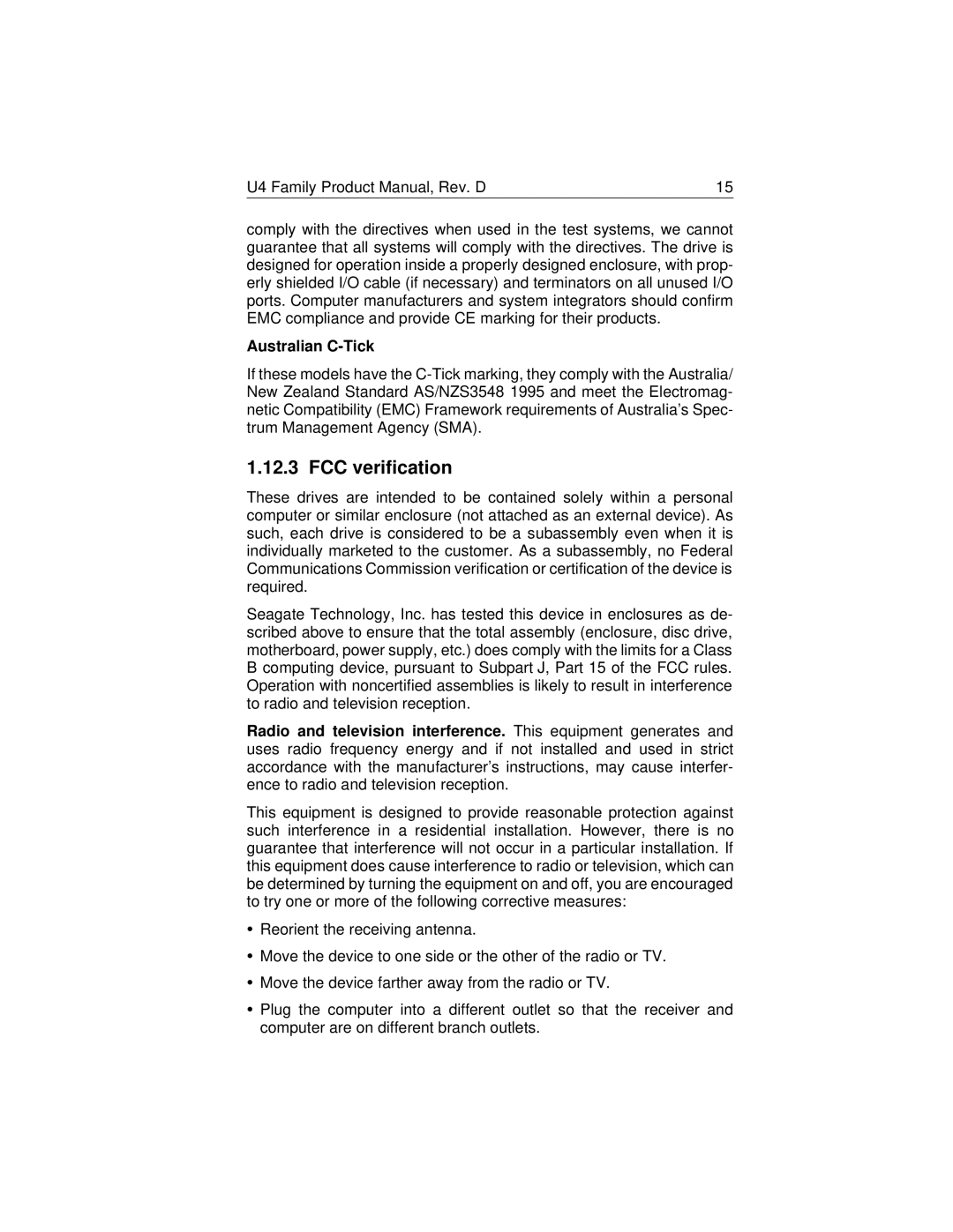 Seagate ST34311A, ST32112A, ST38421A, ST36421A manual FCC verification, Australian C-Tick 