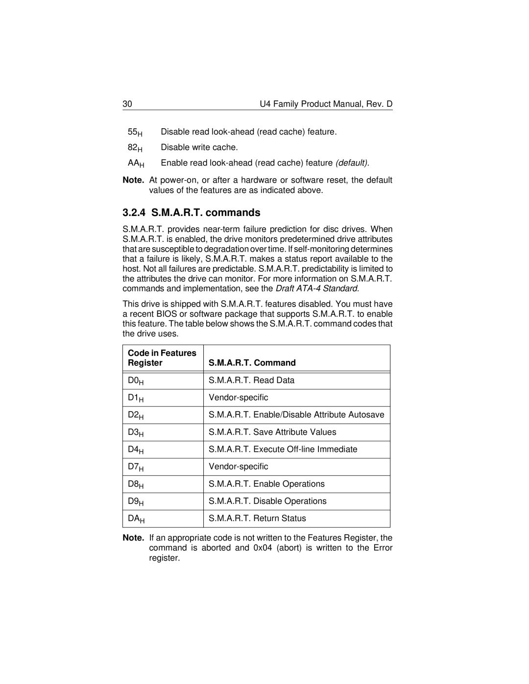 Seagate ST36421A, ST32112A, ST38421A, ST34311A manual 4 S.M.A.R.T. commands, Code in Features Register A.R.T. Command 