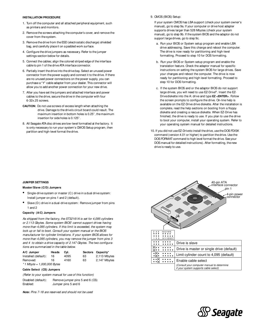 Seagate ST32161A warranty Installation Procedure, Jumper Settings 