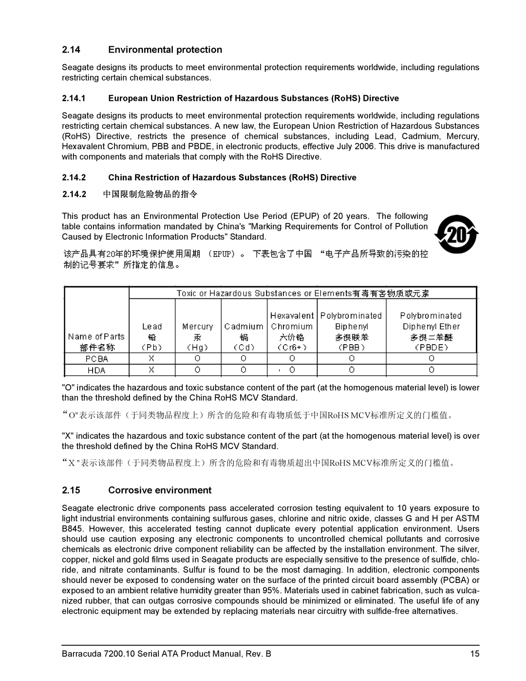 Seagate ST3250410AS, ST3250310AS manual Environmental protection, Corrosive environment 