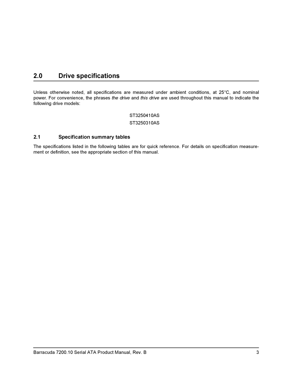Seagate ST3250410AS, ST3250310AS manual Drive specifications, Specification summary tables 