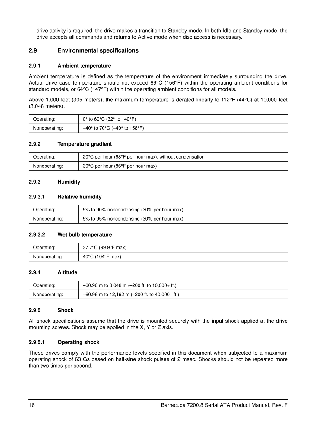 Seagate ST3400632AS, ST3250310ASIM, ST3200826AS, ST3250823AS, ST3250623AS, ST3300831AS manual Environmental specifications 