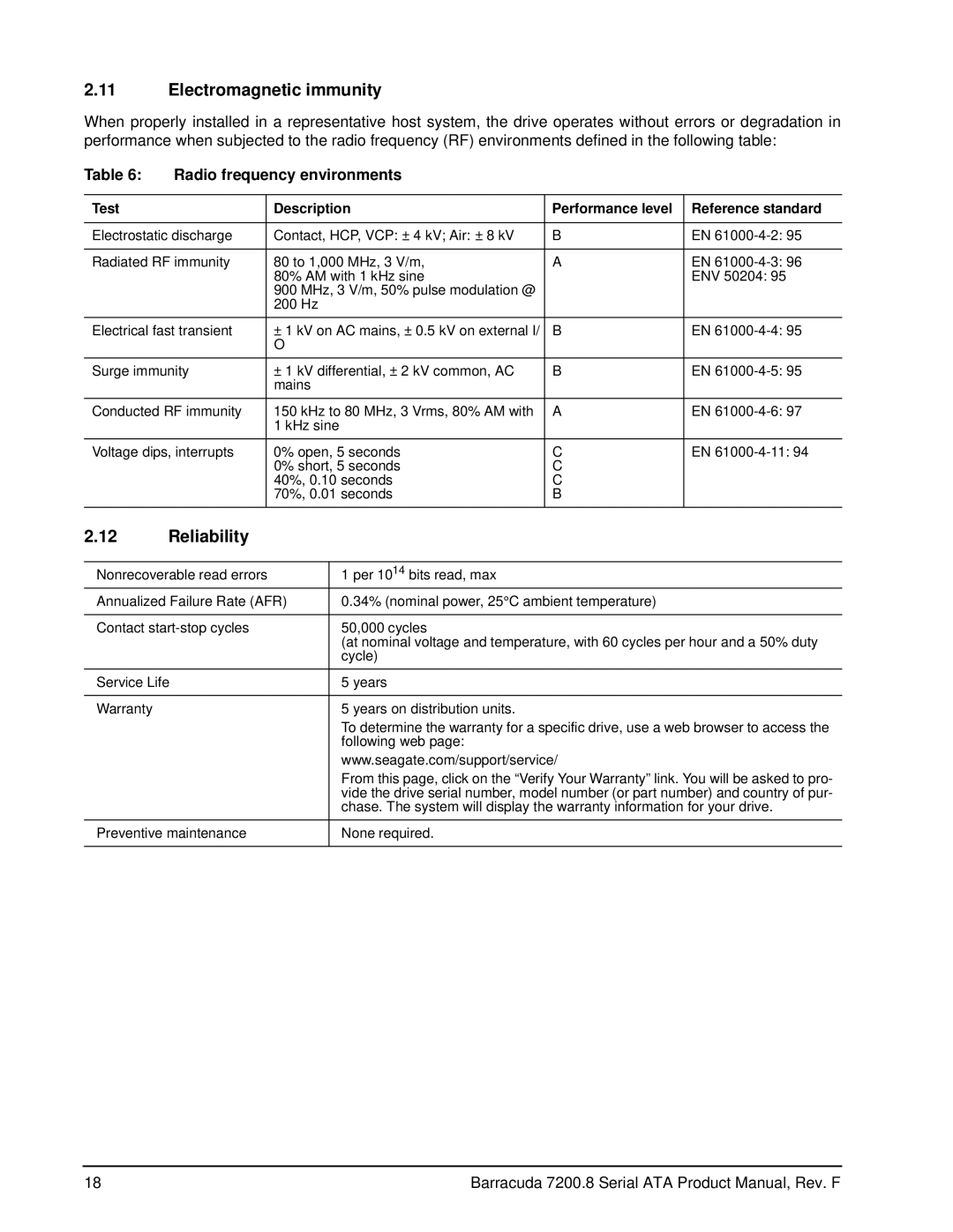 Seagate ST3250310ASIM, ST3200826AS, ST3250823AS manual Electromagnetic immunity, Reliability, Radio frequency environments 