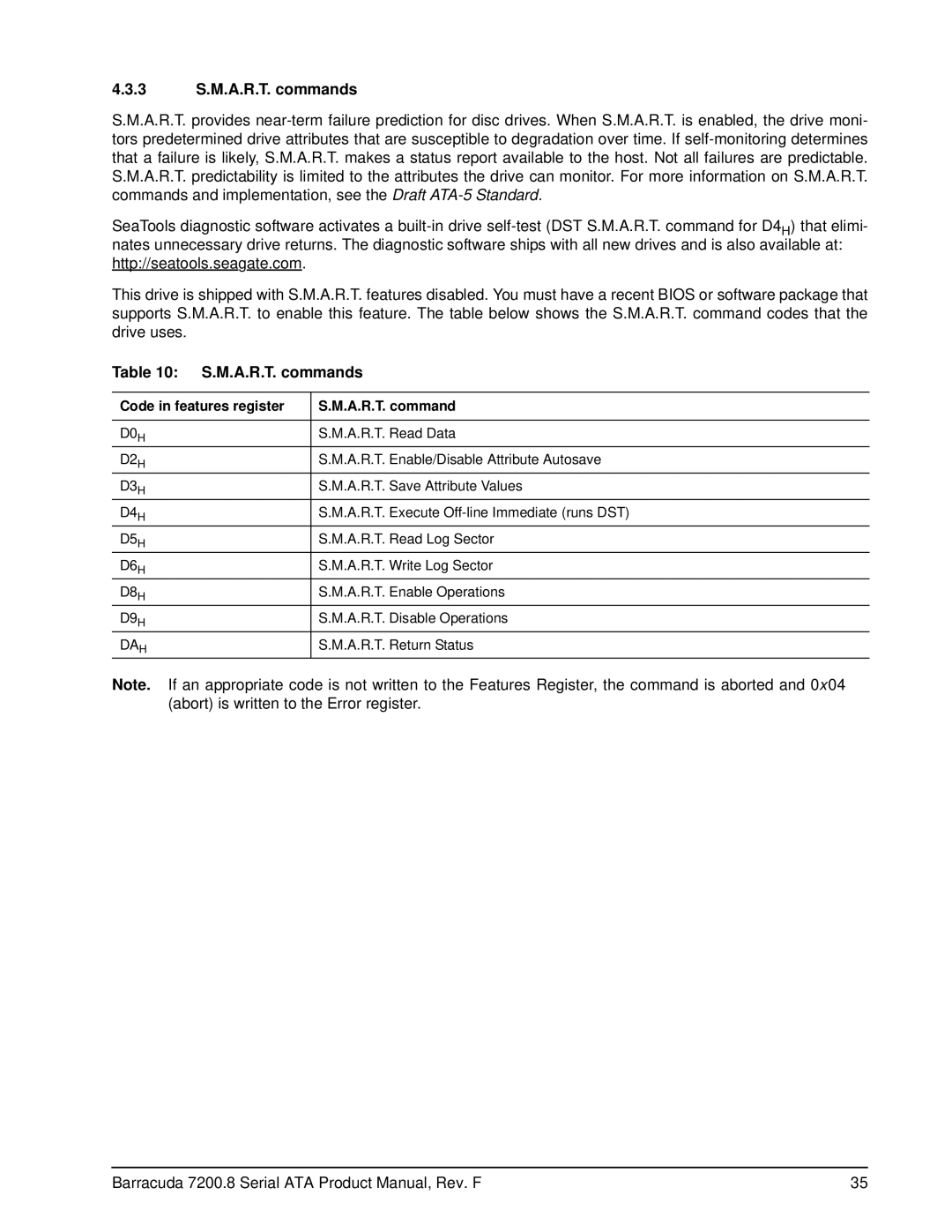 Seagate ST3200826AS, ST3250310ASIM, ST3250823AS, ST3250623AS 3 S.M.A.R.T. commands, Code in features register A.R.T. command 