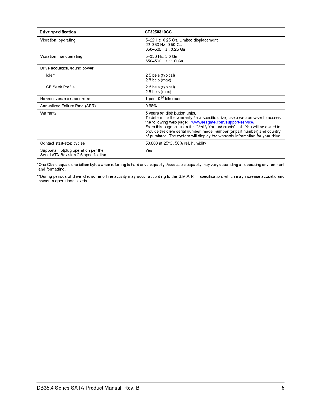 Seagate ST3250310CS manual DB35.4 Series Sata Product Manual, Rev. B 