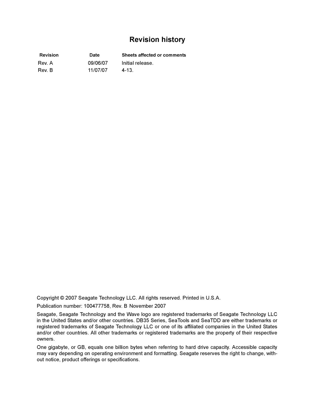 Seagate ST3250310CS manual Revision history, Revision Date 