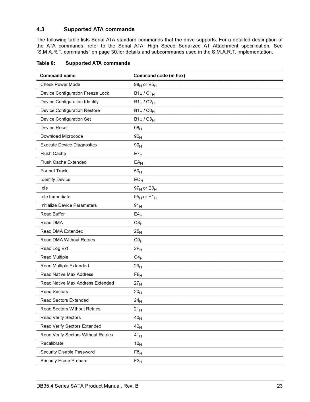 Seagate ST3250310CS manual Supported ATA commands, Command name Command code in hex 