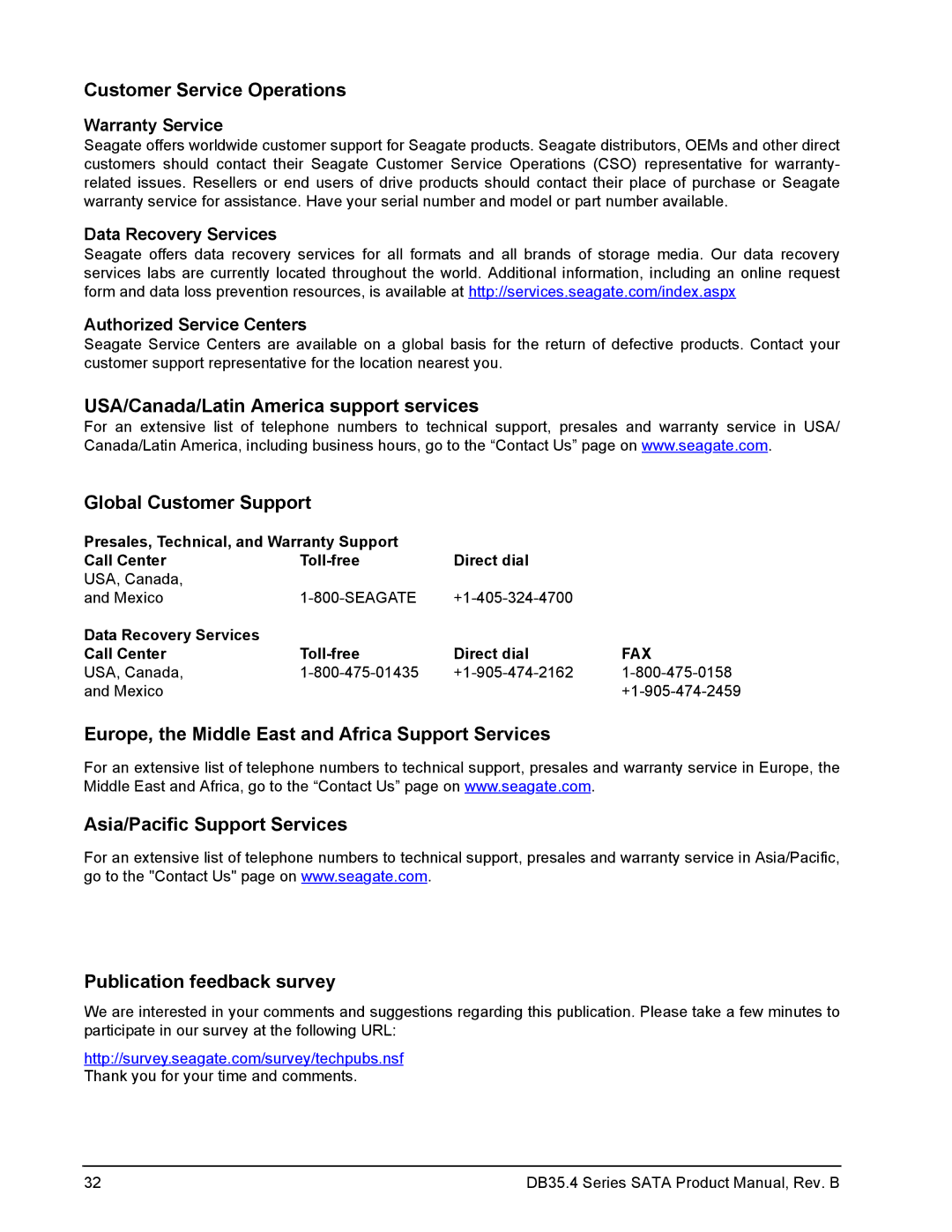 Seagate ST3250310CS manual Warranty Service, Data Recovery Services Authorized Service Centers 