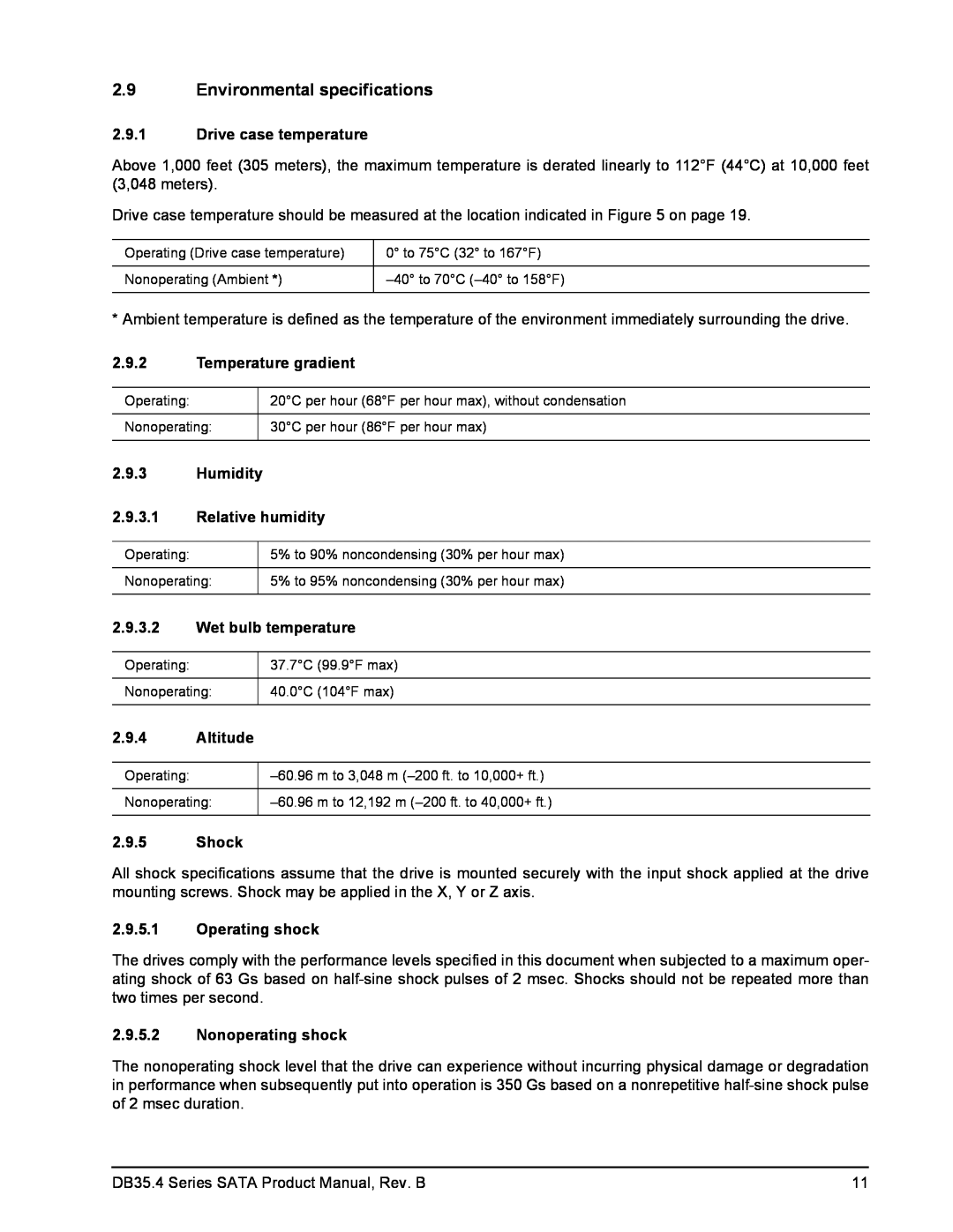 Seagate ST3250310CS manual Environmental specifications, Drive case temperature, Temperature gradient, Wet bulb temperature 