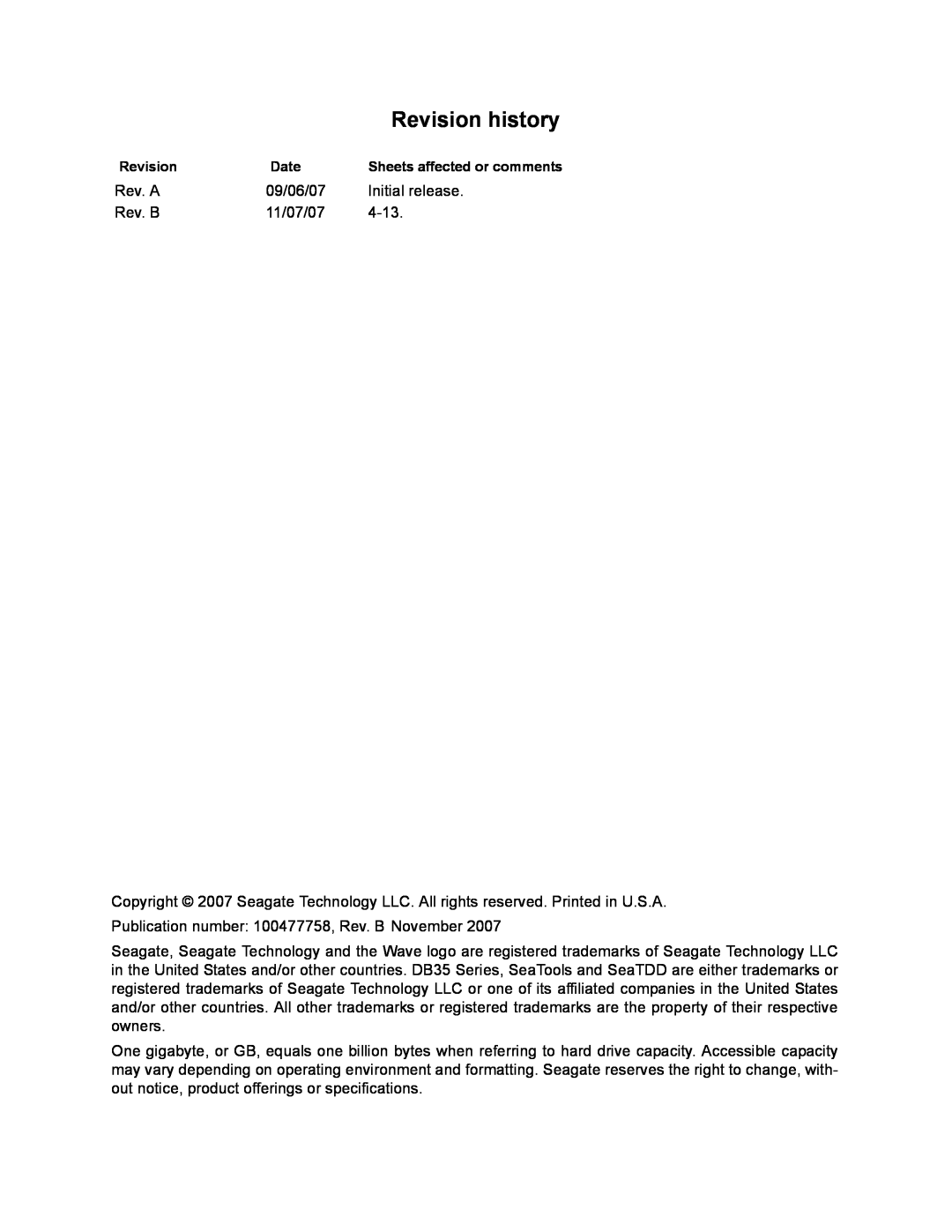 Seagate ST3250310CS manual Revision history 