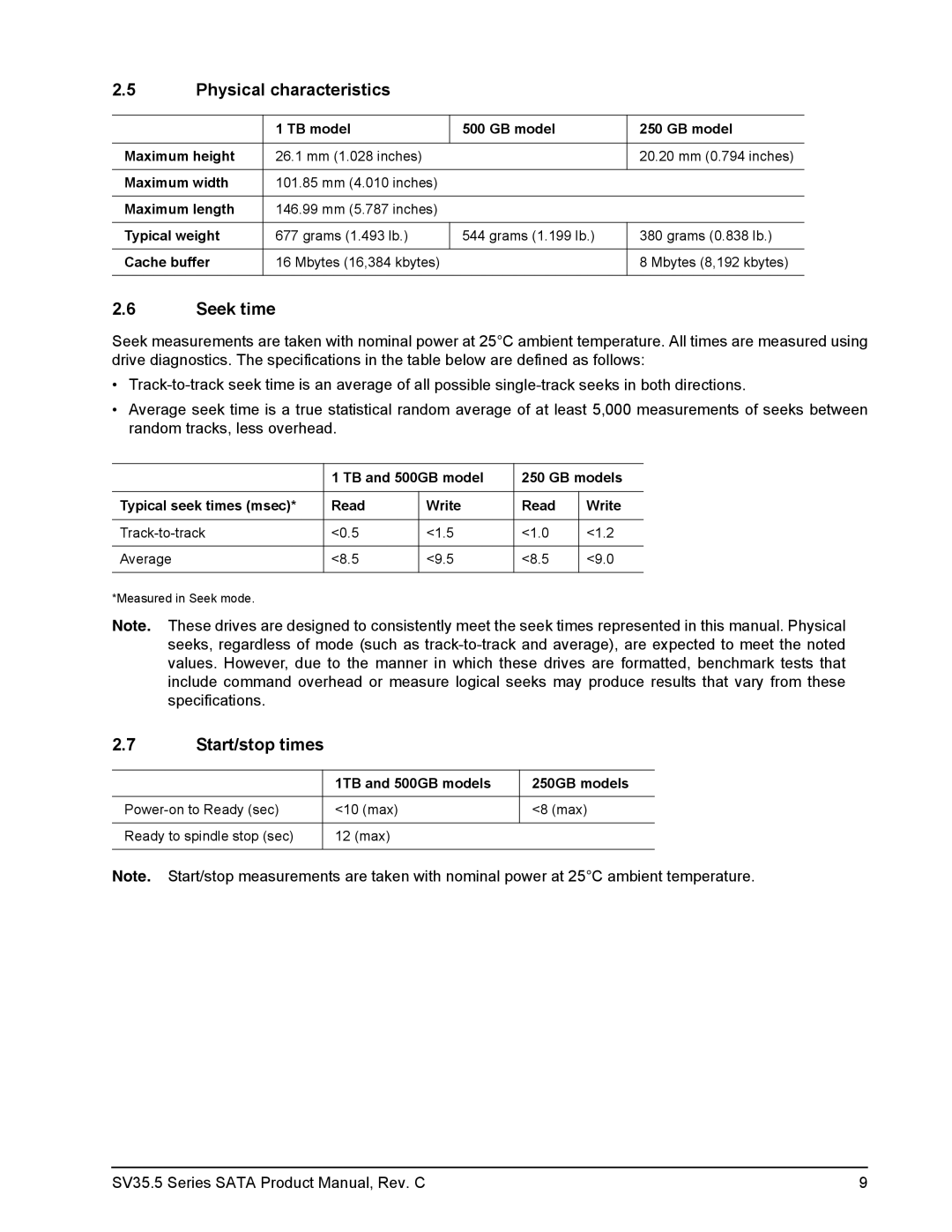 Seagate ST3500410SV, ST3250311SV manual Physical characteristics, Seek time, Start/stop times 