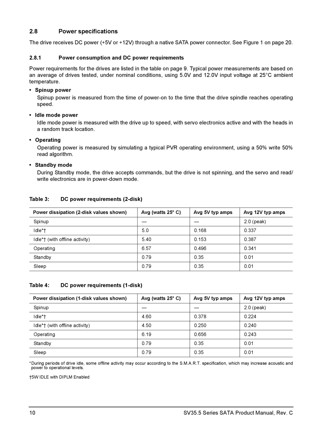 Seagate ST3250311SV, ST3500410SV manual Power specifications 