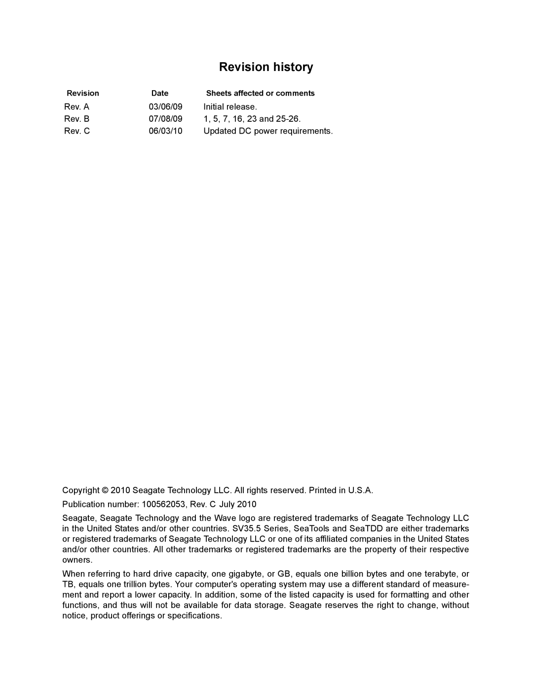 Seagate ST3250311SV, ST3500410SV manual Revision history, Revision Date Sheets affected or comments 